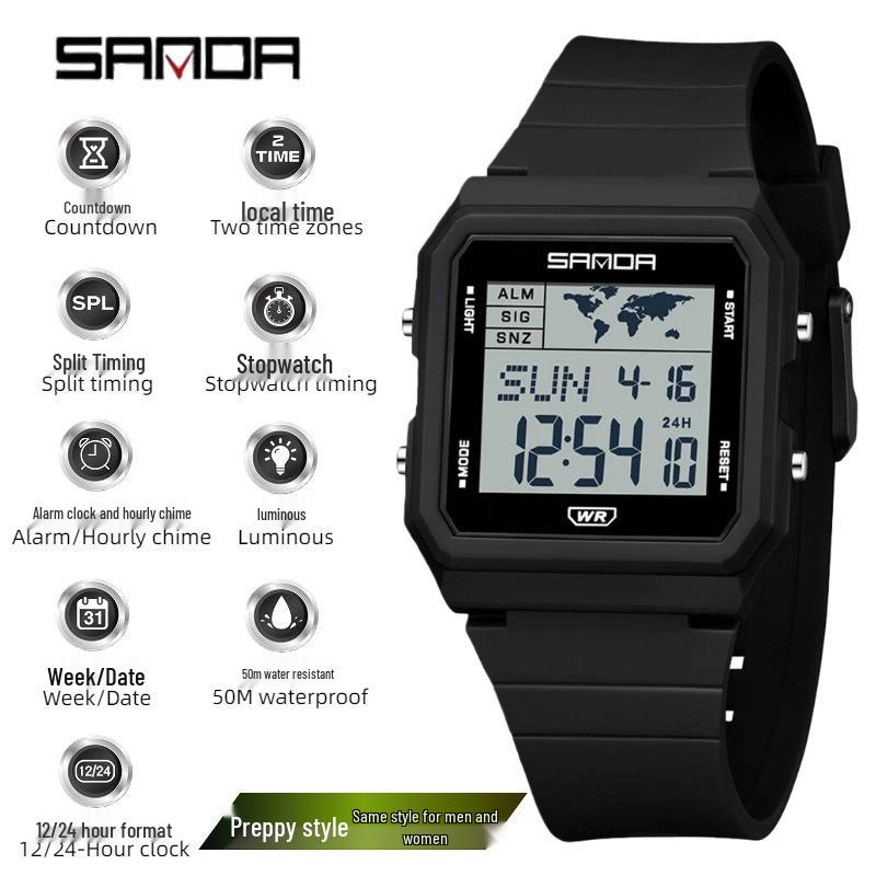 Sanda Men's Large Screen Luminous Multifunctional Waterproof Countdown Wristwatch
