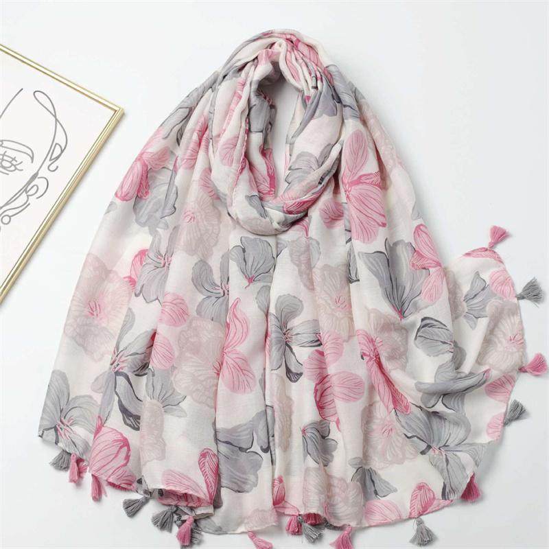 Fashion Poppy Floral Tassel Viscose Scarf Lady Print Shawls And Wraps Beach Cover Pashmina Stole Bufandas Muslim Sjaal 180*90Cm