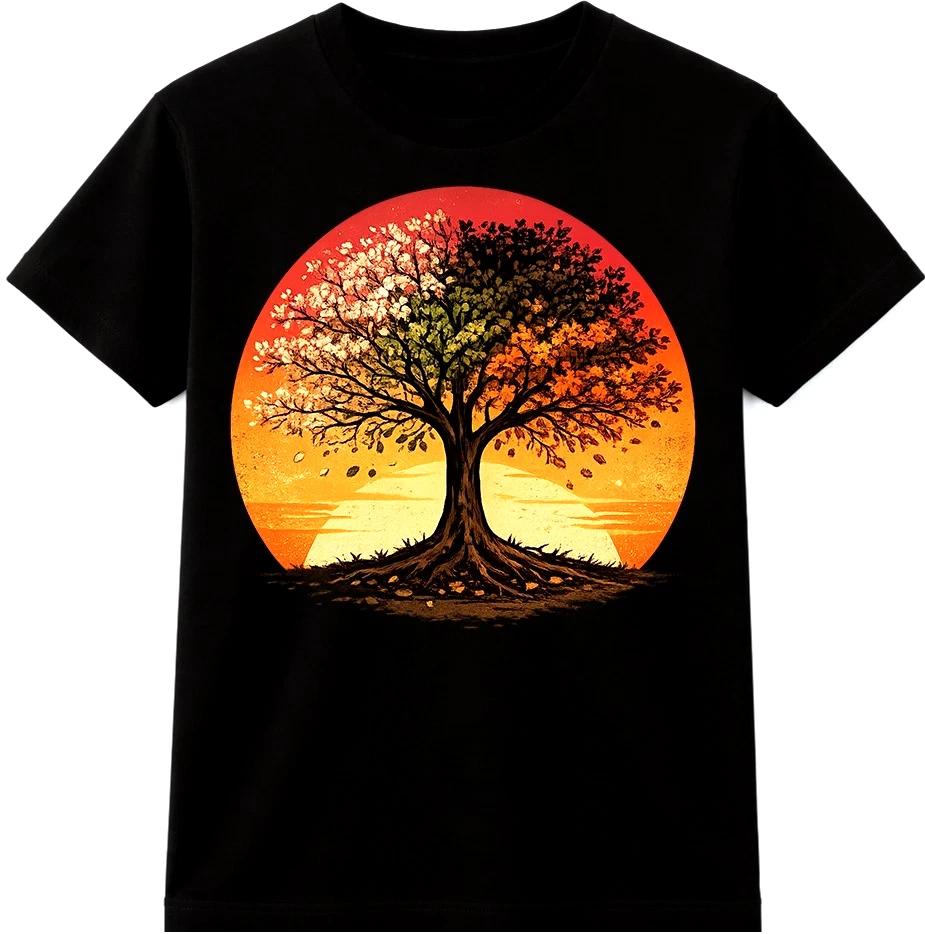 Tree Sunset Four Seasons T Shirt Colorful Nature Landscape Graphic Tee XXXXL