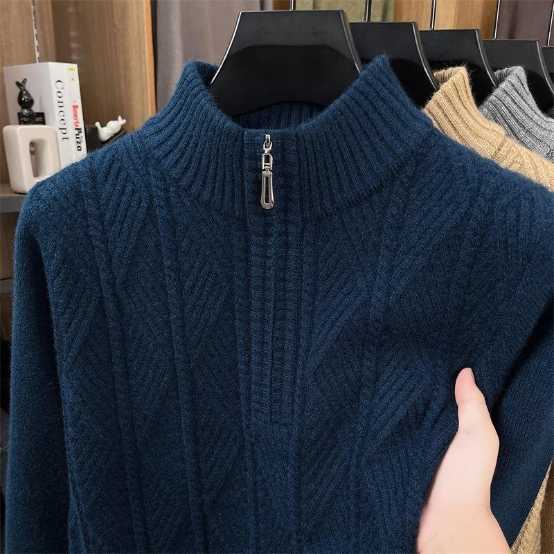 Mens Half Zip Thickened Pullover Knit Sweater Business Casual Warm Winter Bottoming Top