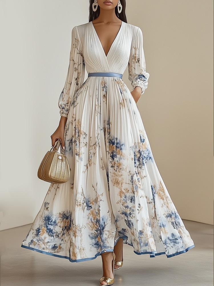 Dames Maxi Jurk met V-Hals, Lange Mouwen en Bloemenprint met Riem, Elegante A-lijn Jurk met Gerimpelde Zoom