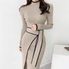 Harajuku Elegant Lace Up Turtleneck Knitted Long Dress Korean Fashion Khaki Black Rib Bandage Bodycon Sweater Dress Robe Femme
