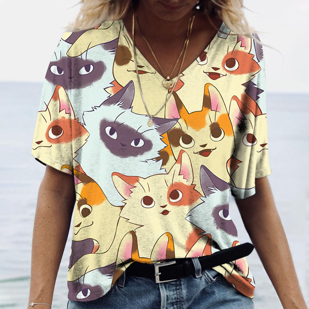 Cartoon Kitten Women's T Shirt Harajuku Clothing Summer V-Neck Girls Pullover  Short Sleeve Tees Female Casual Streetwear