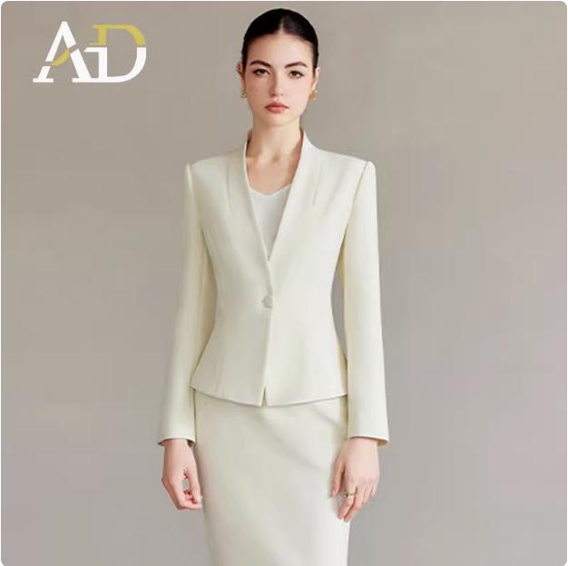 AD Women's Light-Colored Collarless Professional Suit Set - High-End Fashionable Formal Wear for Commuters