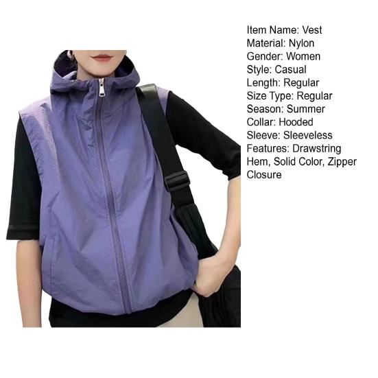 Women Ves Hooded Cardigan Sleeveless Drawstring Loose Sun Hem Solid Color Zipper Closure Protection Casual Sports