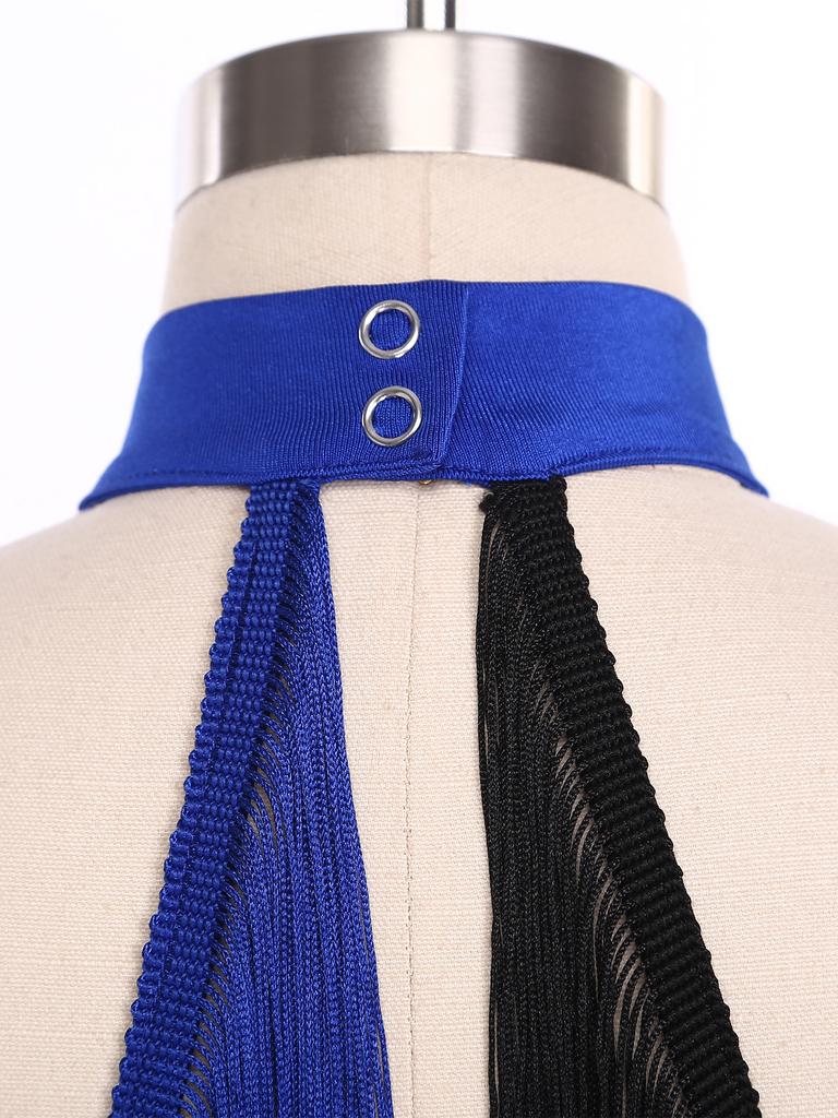 Kostium do występu tańca latynoamerykańskiego dla dziewcząt Błyszczący cekinowy frędzle Blok kolorów Kombinezon Halter Bez rękawów Wycięcie z tyłu Body