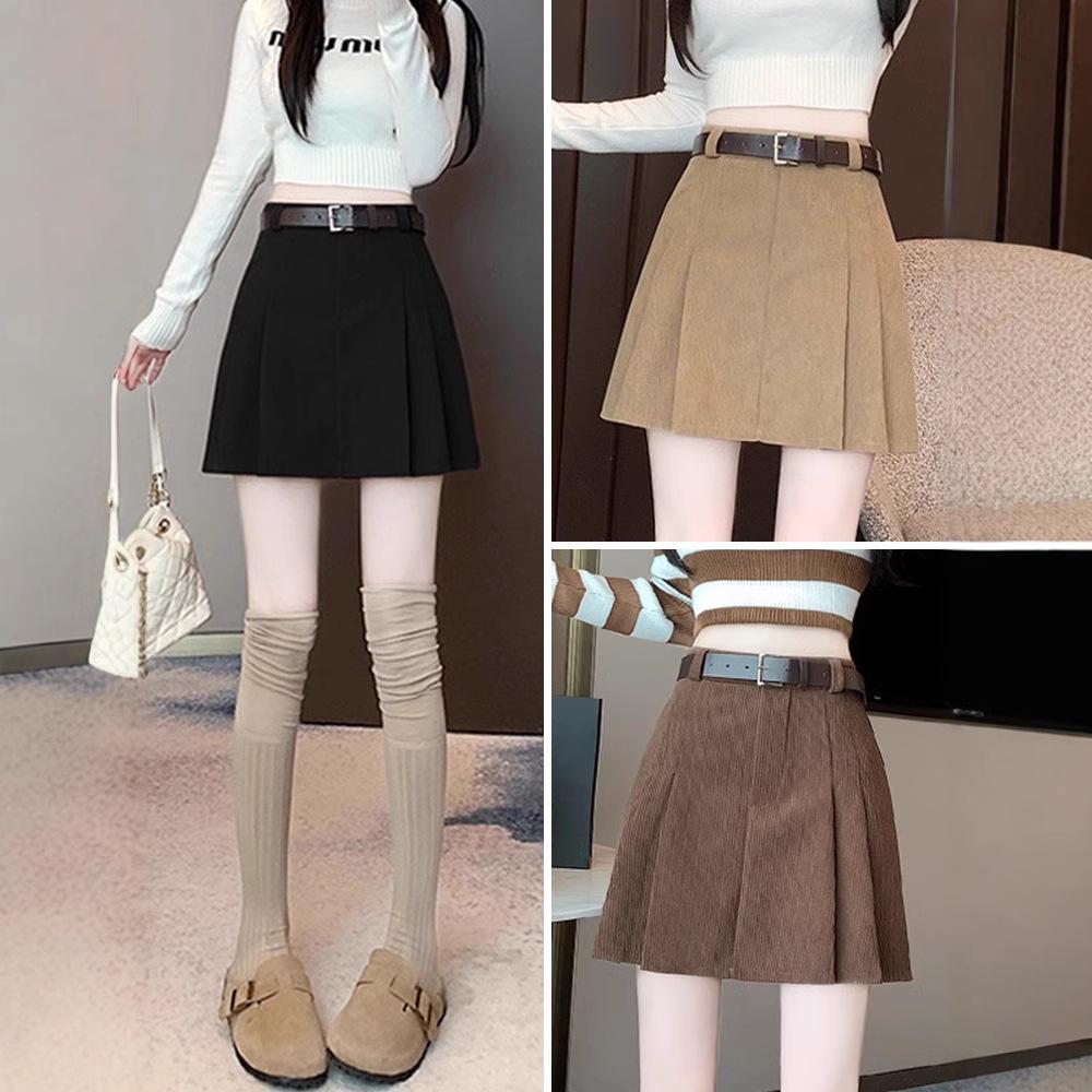 

Women s Petite High-Waisted Khaki Corduroy Pleated Midi Skirt - A-Line, Slimming, Autumn/Winter 2024. L (105-118 lbs)