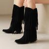 Autumn and winter fringed women's boots small square head solid color casual fashion boots H