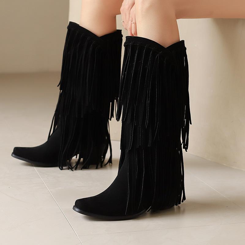Autumn and winter fringed women's boots small square head solid color casual fashion boots H