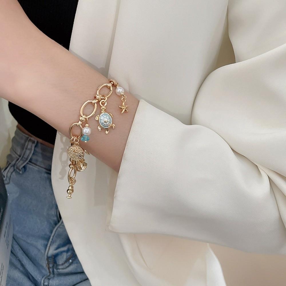 Zinc Zinc Alloy Rhinestone Pearl Starfish Beaded Bracelet Shell Beaded Hand Chain  Girls Couple Gift