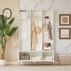 Wardrobe Set with Bench, Multifunctional Storage Bench, Open Storage, 6 Golden Hooks And Feet, Suitable for Hallway, Living Room, White
