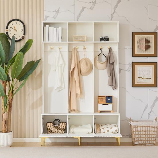 Wardrobe Set with Bench, Multifunctional Storage Bench, Open Storage, 6 Golden Hooks And Feet, Suitable for Hallway, Living Room, White