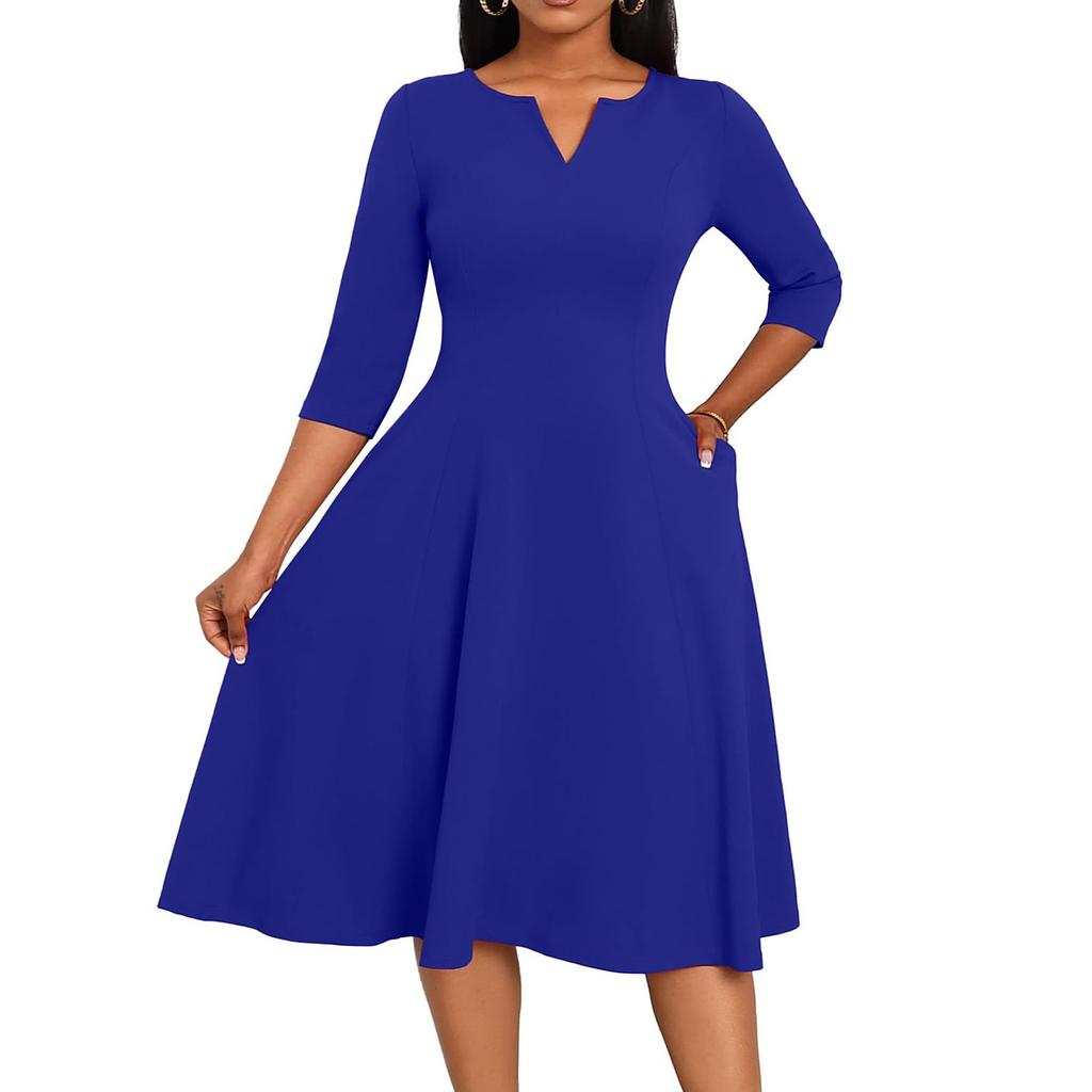 Women's A-Line Fit & Flare Skirt 3/4 Sleeves V-Neck Solid Color Cocktail Wedding Guest Overalls With Pockets Dress