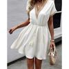 Women's Summer Dress, Spring and Summer Solid Color Short Sleeve Lace V-neck Waist-fitted Dress Casual Drawstring Waist Vacation Dress