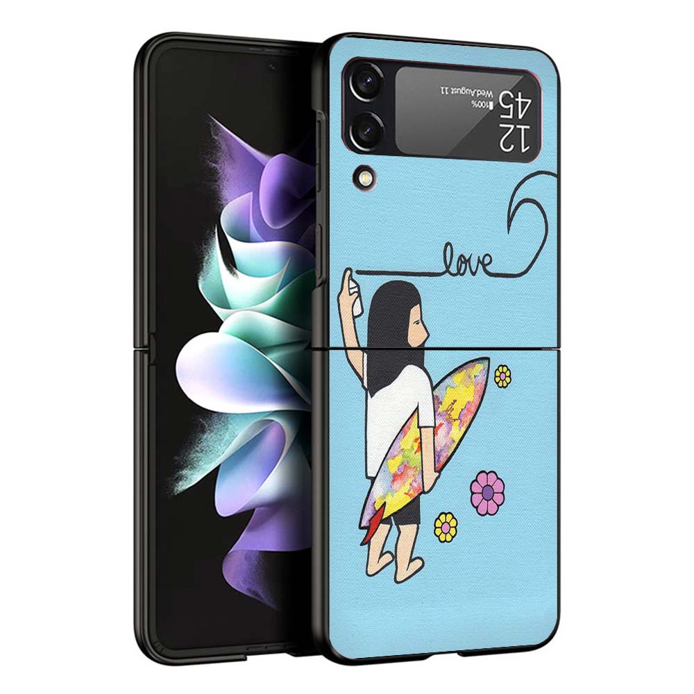 Surfboard Surfing Art Surf Girl Summer Hard Black Cover for Samsung Galaxy Z Flip 7 6 5 4 3 5G Phone Case Flip7 Flip6 Flip5 Flip