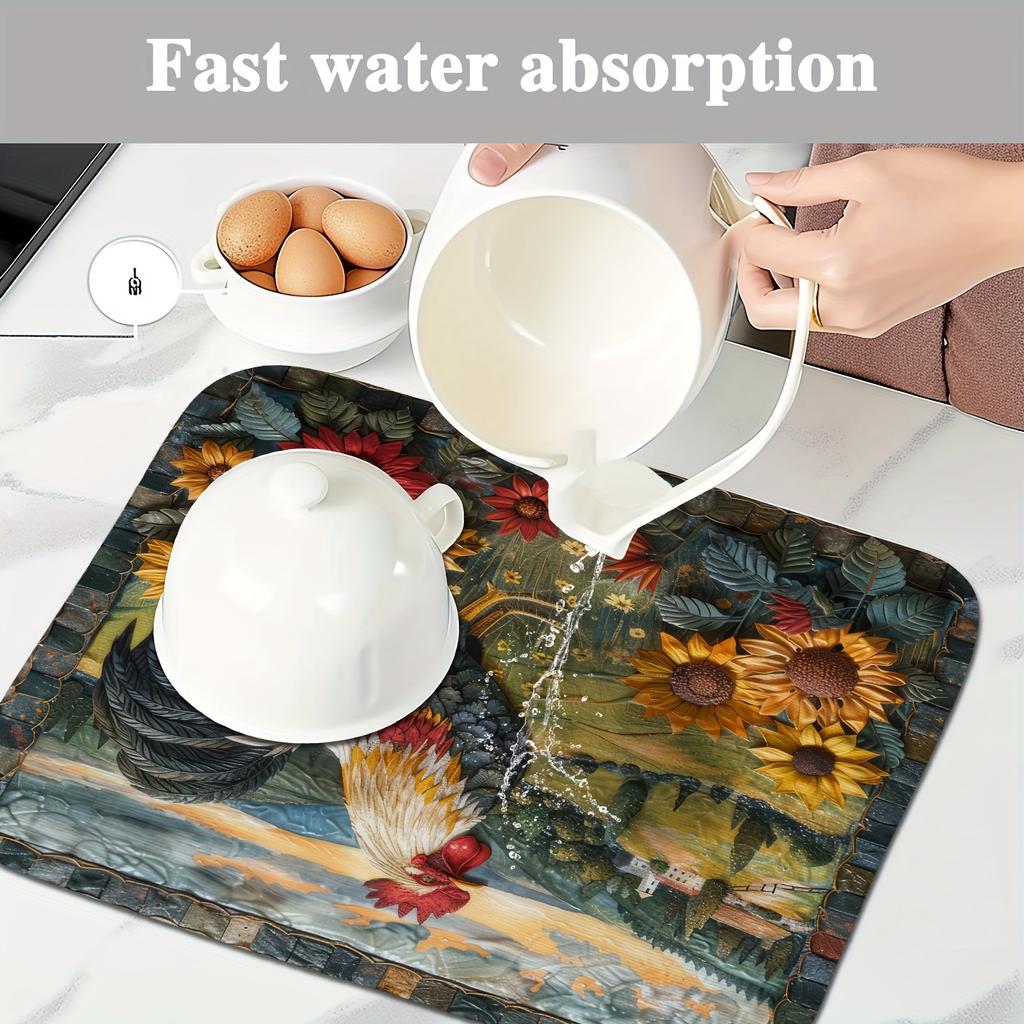 1 Stück Sonnenblumen Hahn bedruckte Gummi Trockenmatte für Café Küche Teppich Geschirr Langlebige Kieselgur Tischmatte Haustier Kaffeegeschirr Matte