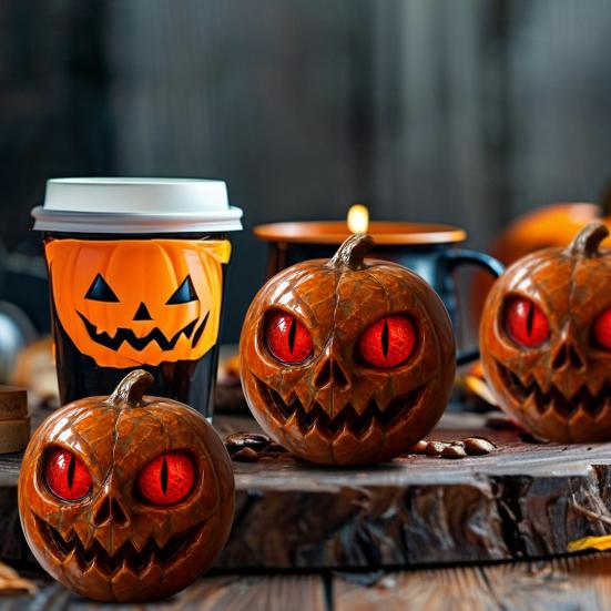 Ručně vyráběná figurka dýně s červenýma očima, pryskyřičná soška, strašidelná atmosféra, halloweenská ozdoba, dýňová dekorace s hororovou tématikou