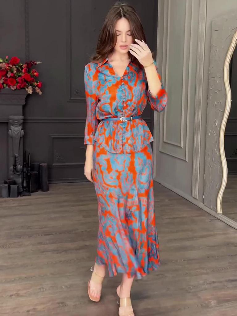 2024 Summer Retro Print Slimming Skirt Set - European & American Design
