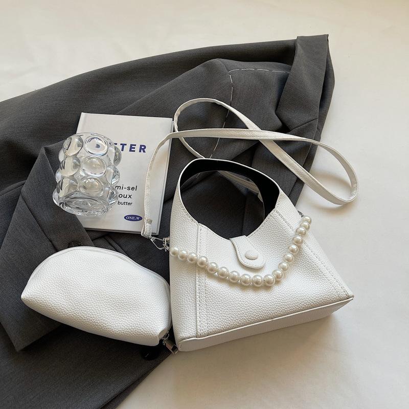 Fashion Simple Solid Color Pearl Chain Women Handbag  Summer Commuting Textured Female Underarm Bag Korean Crossbody Bags