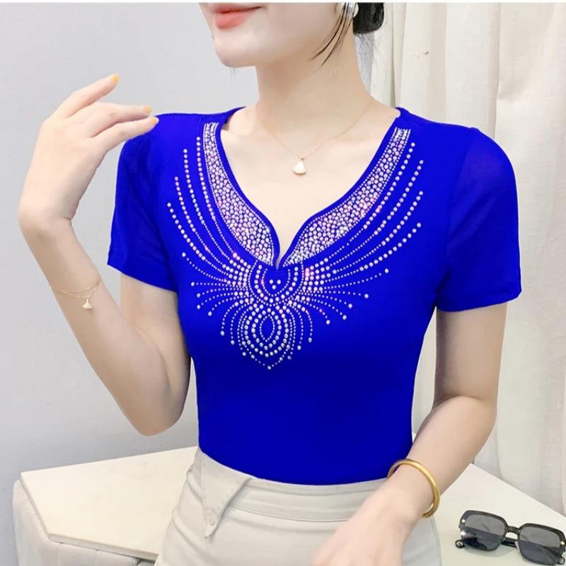 Summer Sexy V-Neck Short Sleeved Women's T-Shirt Fashion Shiny Hot Diamonds Mesh Tees Female All Match Casual Tops Blusas