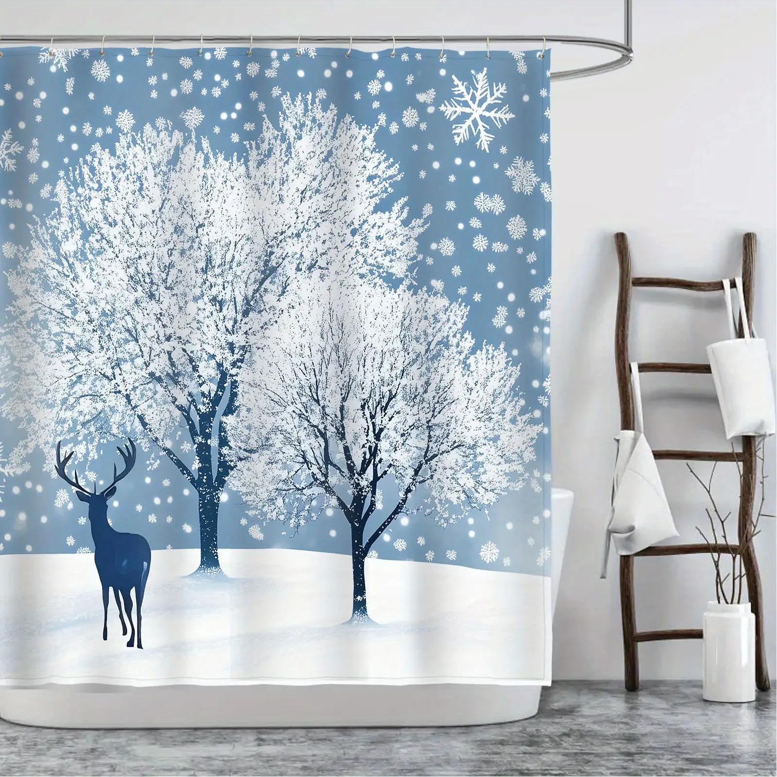 

Набор из 4 предметов для ванной комнаты: шторка для душа с принтом «Зимняя сказка», занавеска для ванной комнаты с 12 крючками, нескользящие коврики, коврик для крышки унитаза, перегородка для ванной комнаты 180X180cm