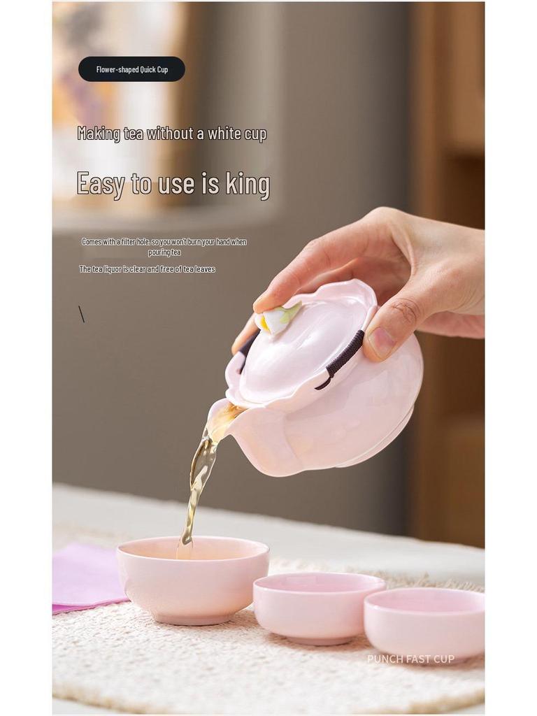 Portable Pink Flower Tea Set with Hand-Grip Pot: Home & Outdoor Quick-Brew Gongfu Set with Storage Bag