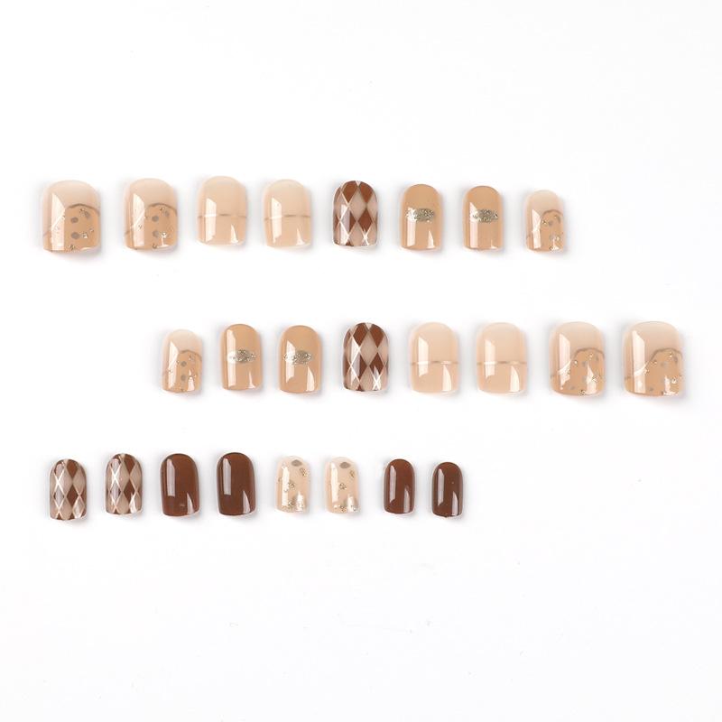24 pezzi/set unghie finte corte retrò marrone rombo unghie finte adesivi indossabili impermeabili manicure unghie finite