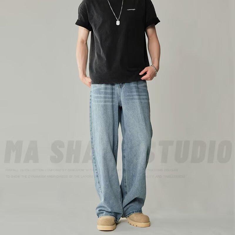 

Осенние прямые джинсы мужские потертые повседневные модные брендовые уличные дизайнерские ощущения, прочные и красивые ретро плиссированные брюки длиной до пола 3XL темно-синий