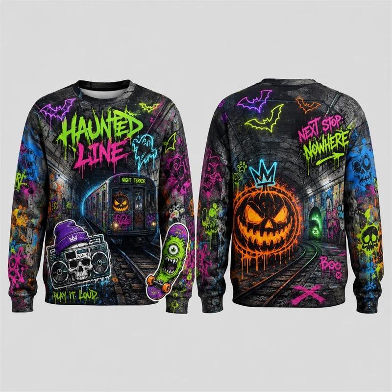New Autumn 2026 Skeleton Surfing Motel Hoodie Men's Halloween Printed Polyester Round Neck Long Sleeve Horror Street Leisure