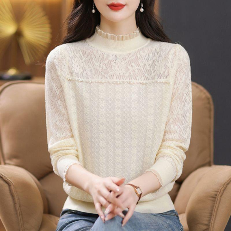 Women's Elegant Plus Size Lace Knit Top - Autumn/Winter 2025 Fashion
