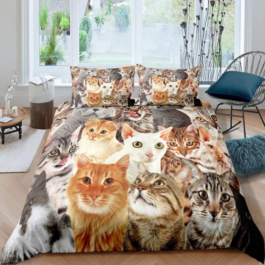 Cute Cat Duvet Cover Bedding Three-Piece Set 3D Animal Digital Printing Quilt Cover