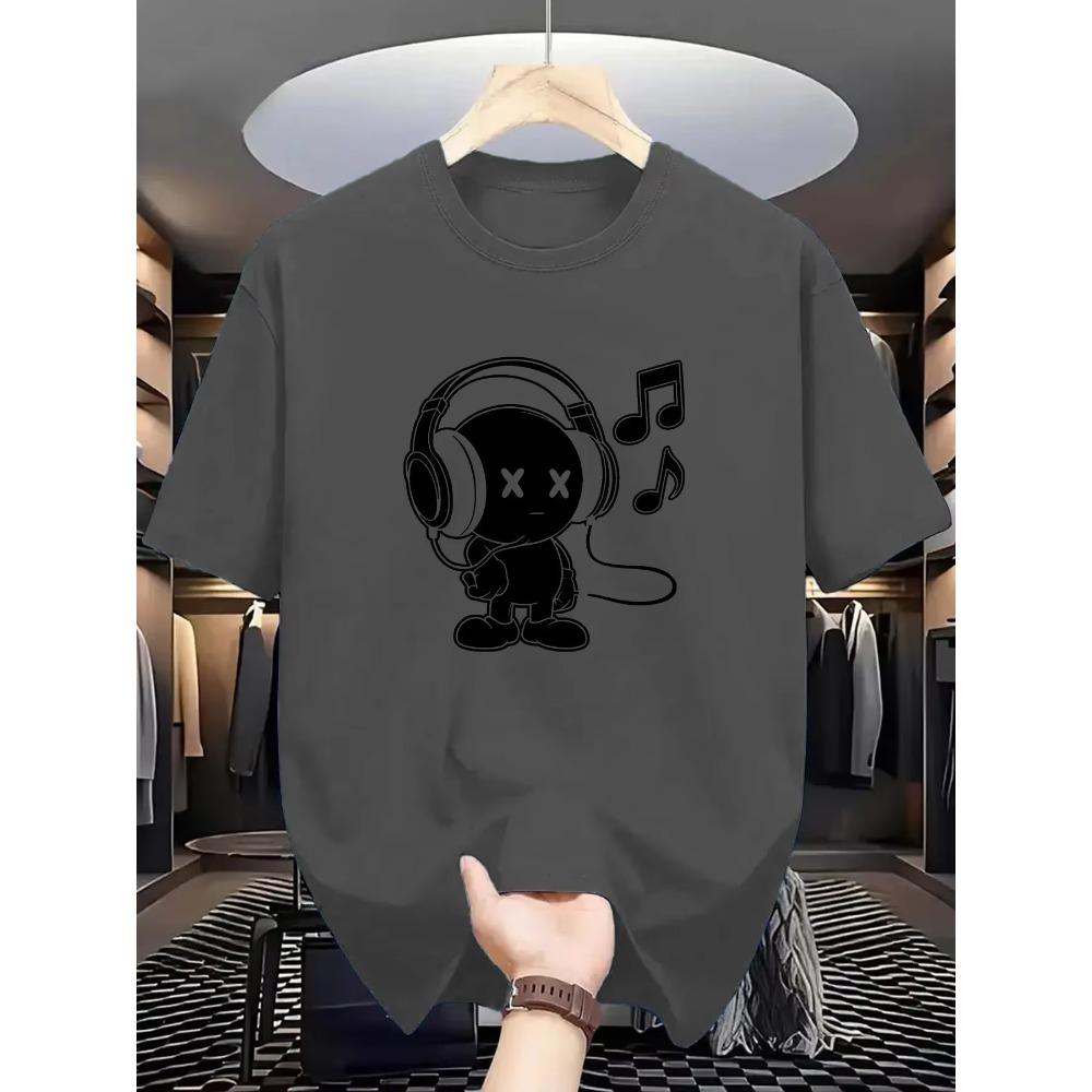 Summer Men's 100_ Cotton Casual Loose Fit Plus Size Music Themed Printed Comfortable Sports Round Neck Short Sleeved T-shirt Top