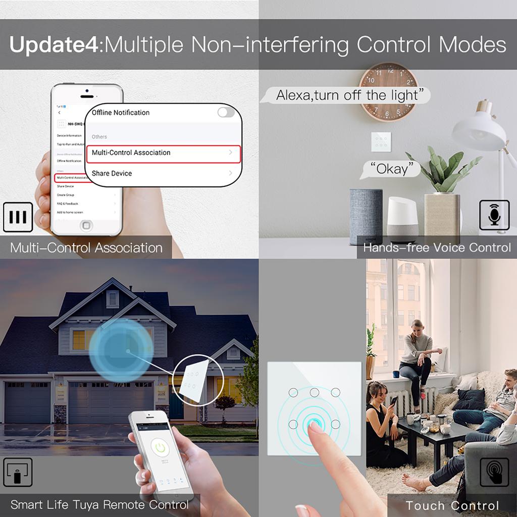 Tuya Moes Glas WiFi Wand-Touch-Panel Intelligenter Lichtschalter 6-fach RF Drahtlos Multi-Control Kompatibel mit Alexa Google Home