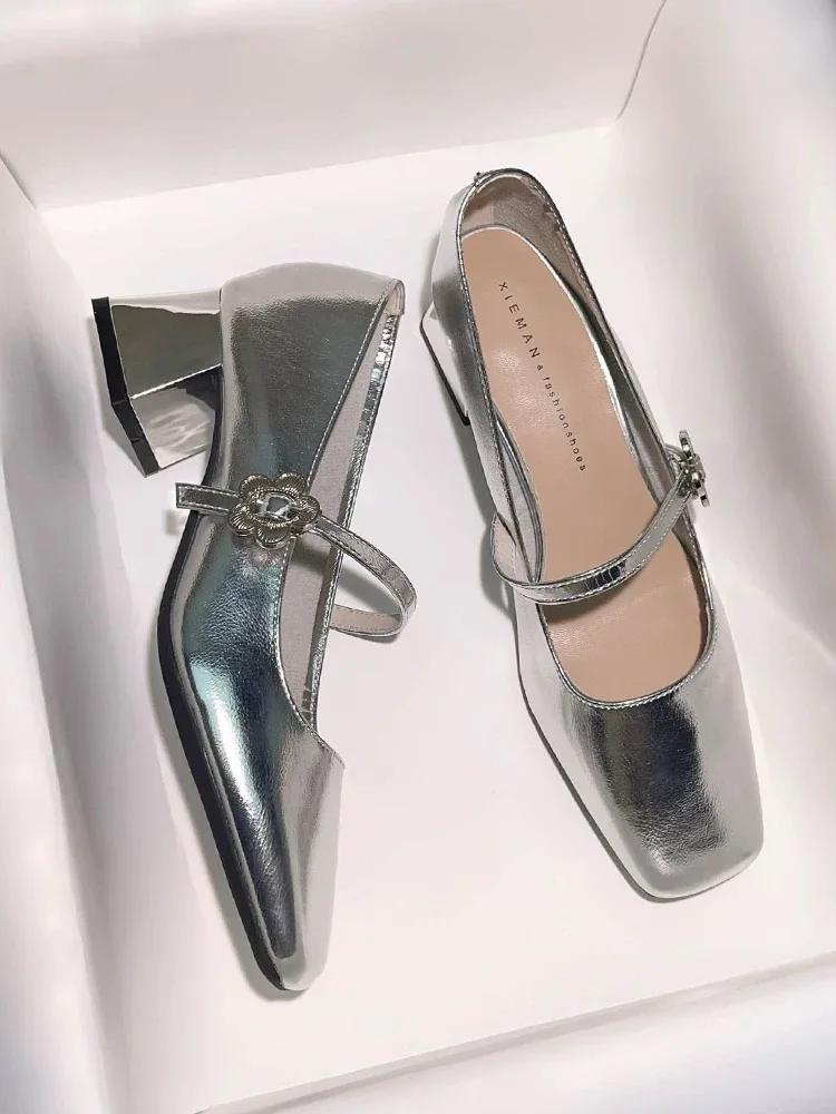 

Серебристо-белые туфли на высоком каблуке, свадебные туфли для невесты, туфли Мэри Джейн, квадратный носок, квадратный каблук, туфли-лодочки, обувь для улицы, обувь с мелким вырезом для женщин 40 серебряный