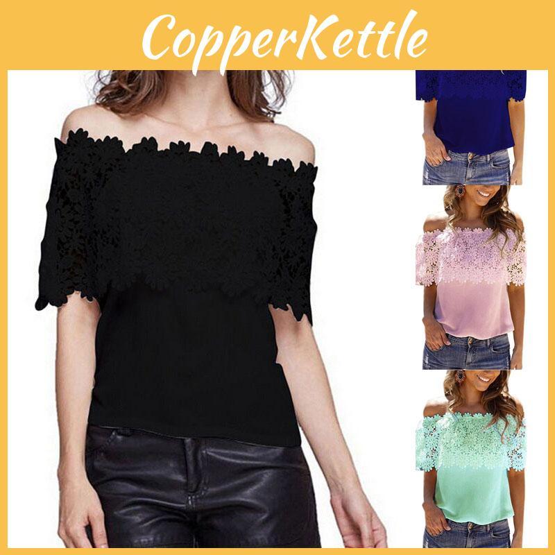 Elegant Women's Off-shoulder Short Sleeve Lace Hollow Casual T-shirt Blouse For Summer Outings