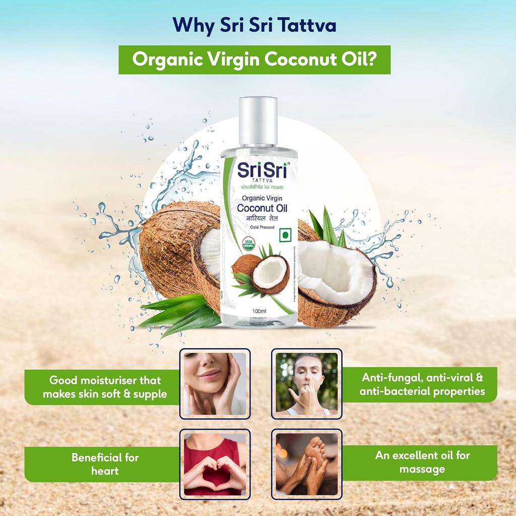 Sri Sri Tattva Organic Virgin Coconut Oil 100ml X Pack of 2 | Cold Pressed Natural Hair & Skin Oil