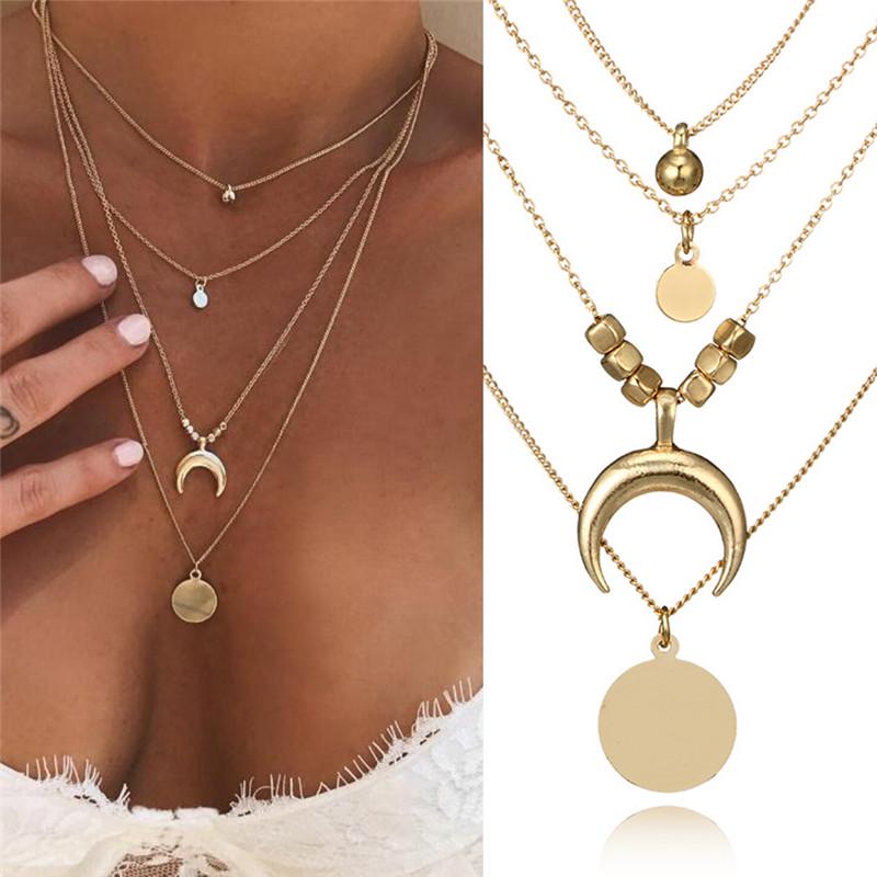 Multilayer Choker Horn Long Crescent Moon Pendant Necklace Chain Jewelry Women