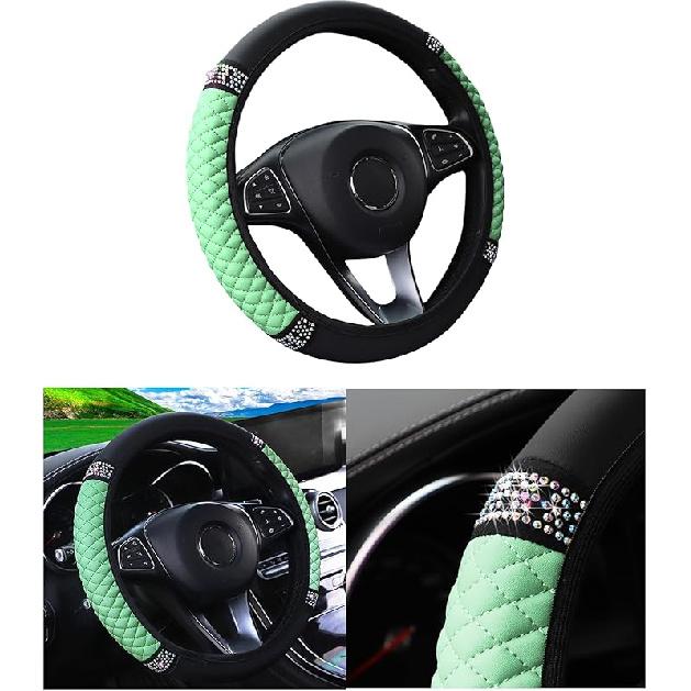 Bling Car Steering Wheel Cover, 15 Inch Rhinestones Soft Leather Elastic Steering Wheel Protector, Sparkly Crystal Diamond For Women Girls, Car