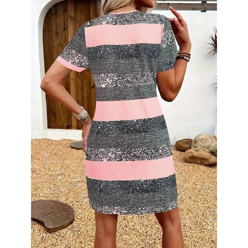 JKASHDK Women's Fashion Summer Spring Colour Block Print Short Sleeve V-Neck Middle Waistline Casual Dresses