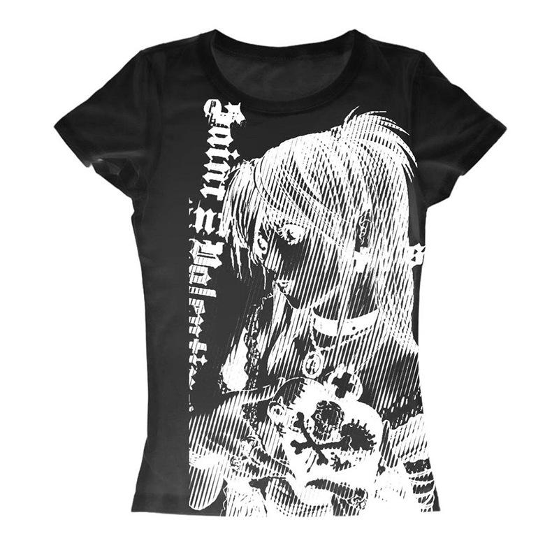 Custom Anime Print T-shirt with Straight Shoulders Short Sleeves and A Round Neck Fitted Cropped Top for Young Women