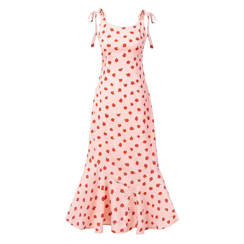 

Rose Sweetheart Reausati * Extremely Beautiful French Style Retro Sweet Fishtail Dress Holiday Suspender Dress Long Skirt Orange pink rose Print L