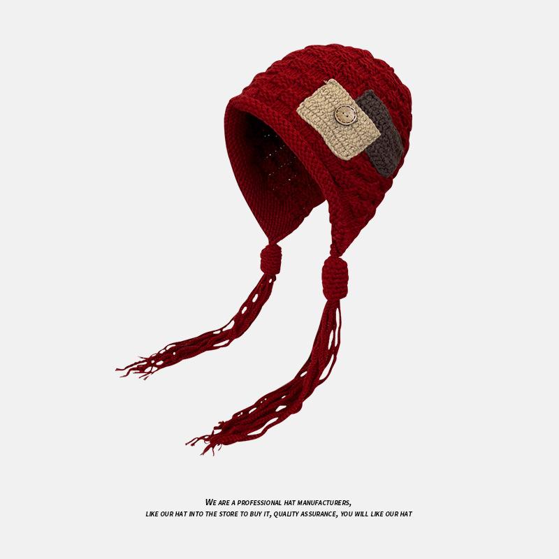Tassel Fashion Patch Knitted Hat Children Autumn and Winter Pullover Warm Ear Protection Retro Wool Hat