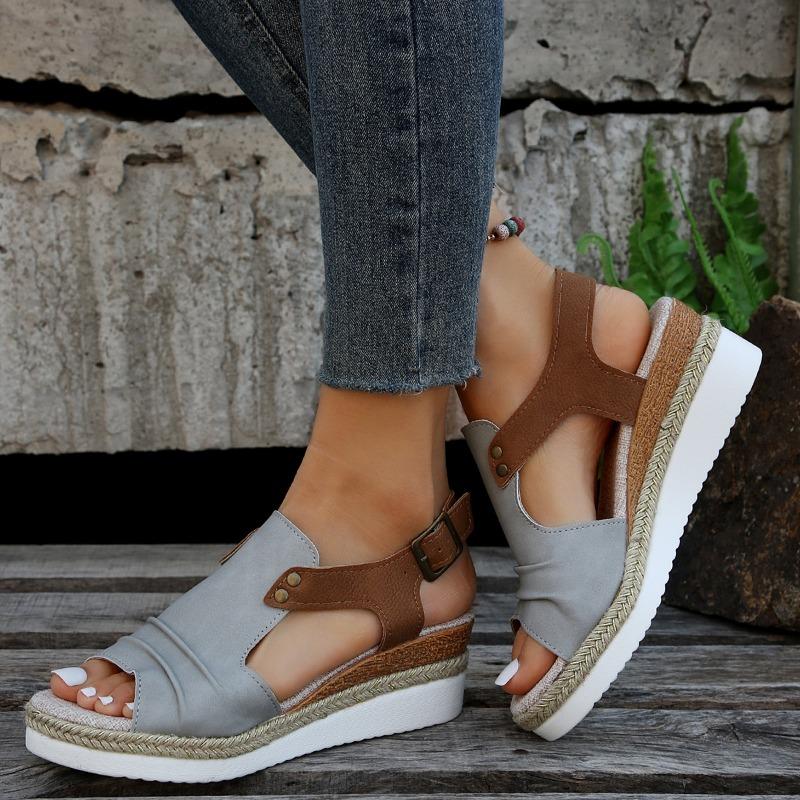 Summer new fish mouth wedge heel sandals large size pleated belt buckle thick sole hemp rope sole women's sandals