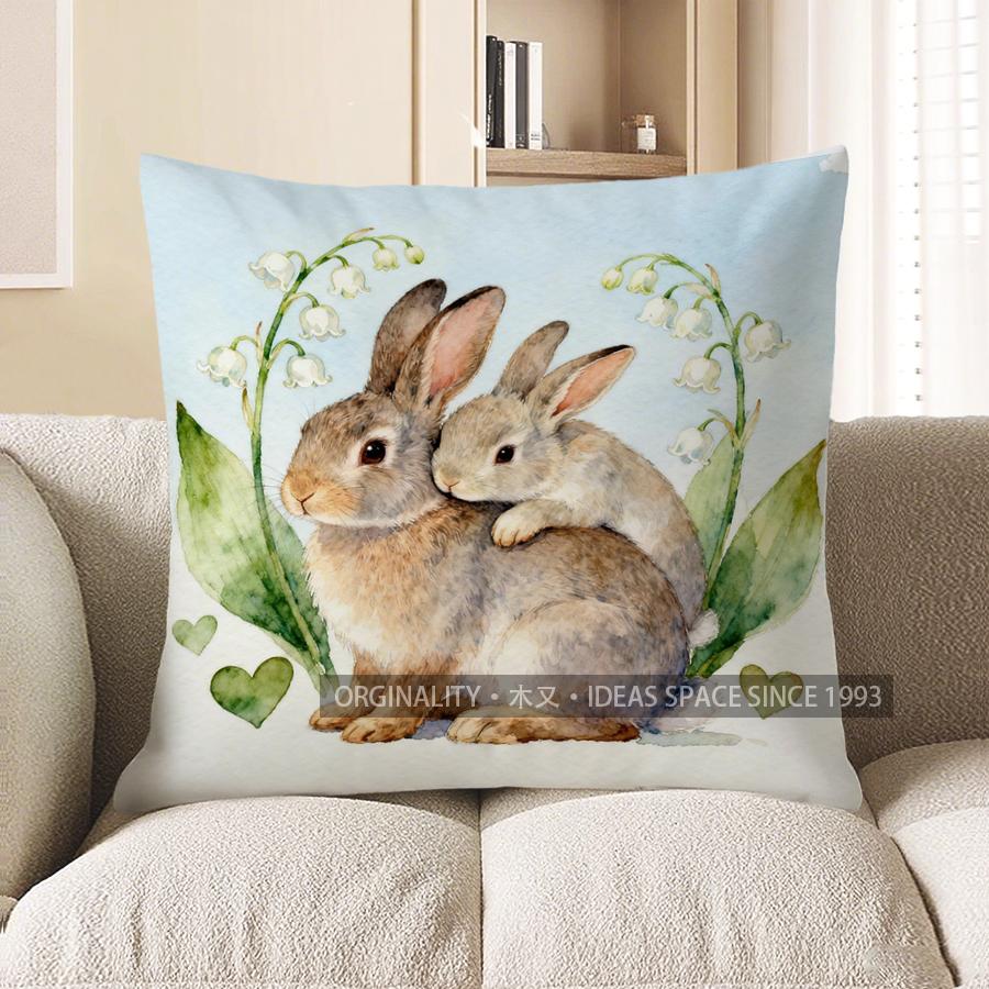 

2D Cute Rabbits With Lily Of The Valley Pillow Pattern Cushion Cover Suitable For Sofa Bedroom Car Pillow Cover 40x40cm
