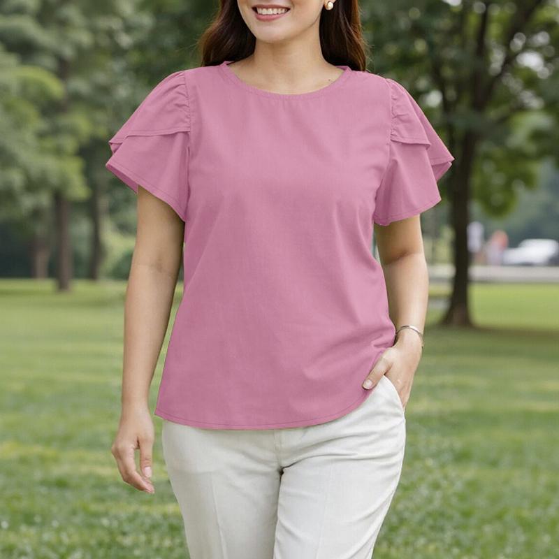 ZANZEA Lässige Bluse mit Rundhalsausschnitt, einfarbig, locker und kurzärmelig für Damen