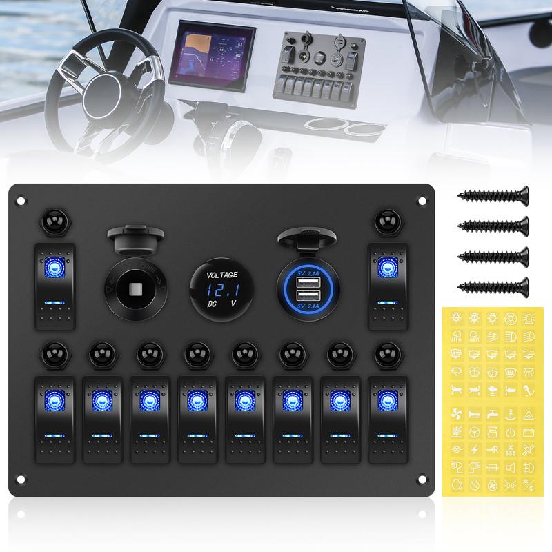 10 Gang Switch Panel Waterproof Boat Rocker Switch Panel With 4.2A Daul USB Socket + 12V Voltmeter+Cigarette Lighter Socket