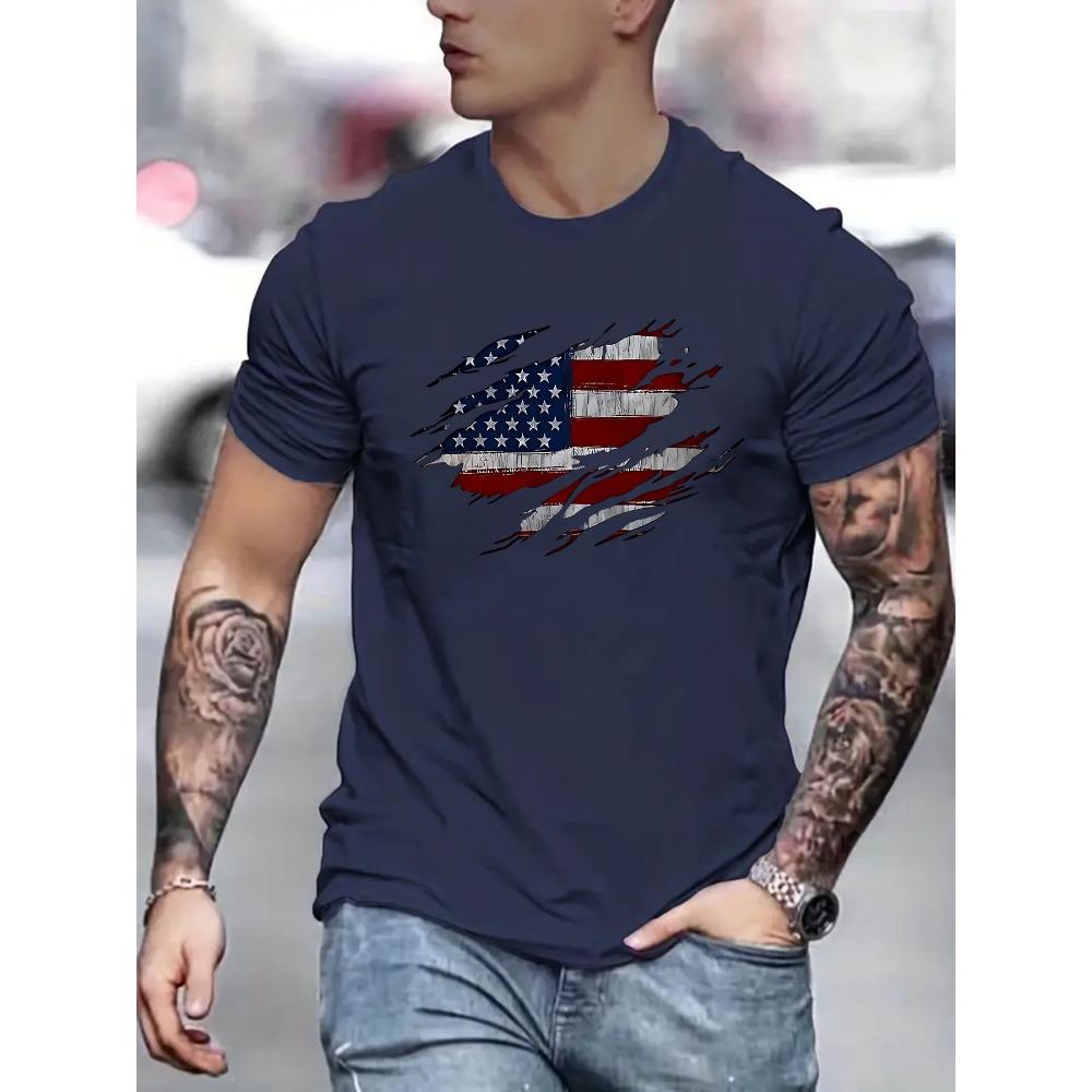 American Flag Pattern Print Men Cotton Summer Casual Loose Size Trendy Round Neck Short Sleeve T-shirt Top