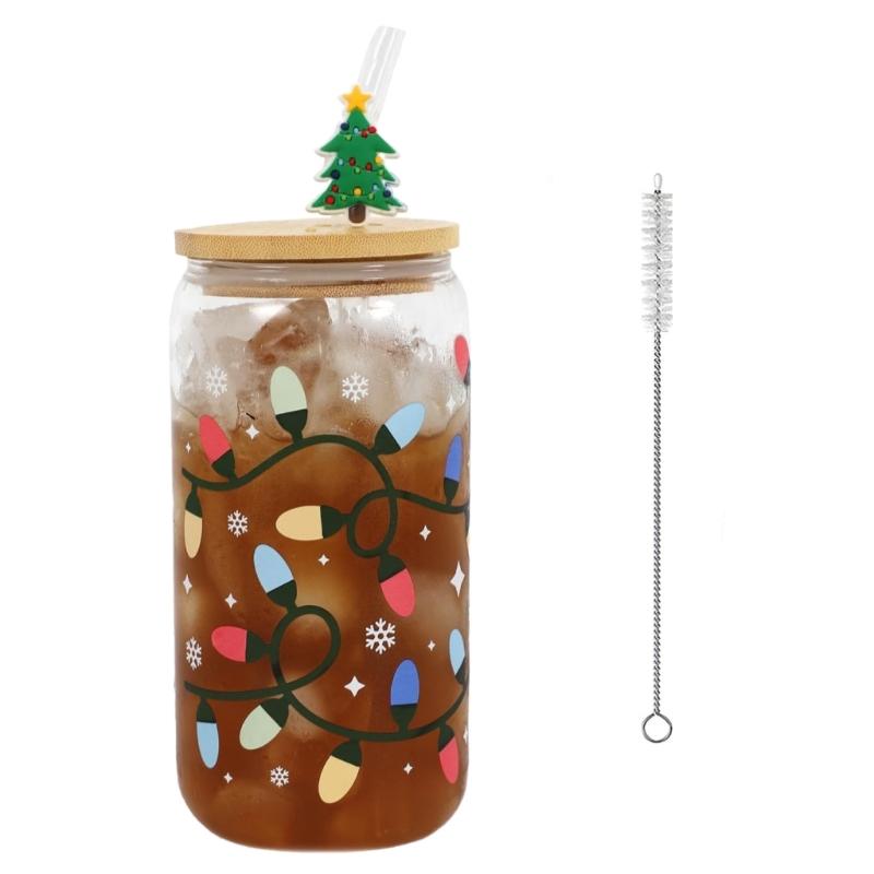 Color Changing Christmas Cups,Christmas Iced Coffee Glass Cups with Lids and Straw White Elephants Gift Drinking Glasses