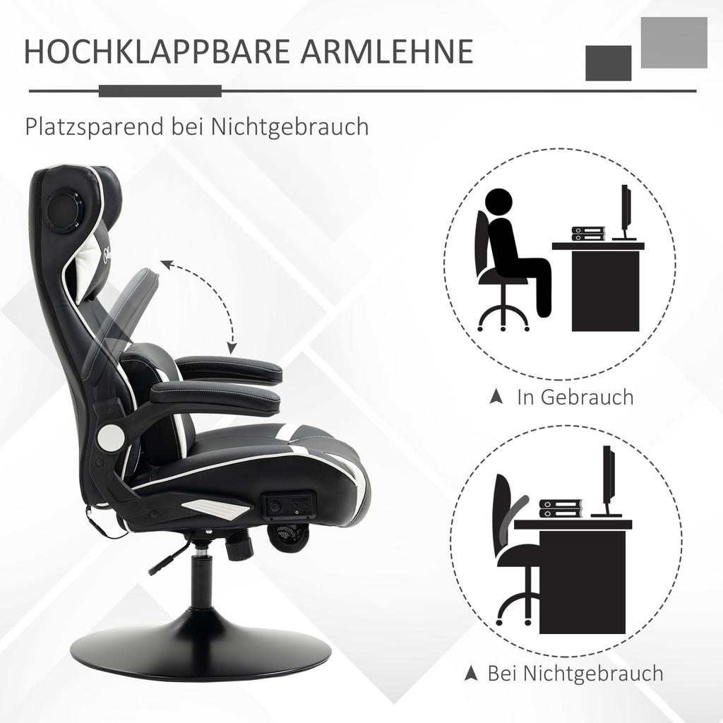 Gaming Chair, Gaming Seat, Integrated Speakers, Reclining Backrest, Black+White, 69 X 73 X 118cm