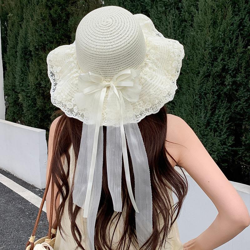 Summer Bow Sun Hat Female, Seaside Beach Vacation Sun Hat Outdoor Big Brim Sun Hat Sweet Straw Hat
